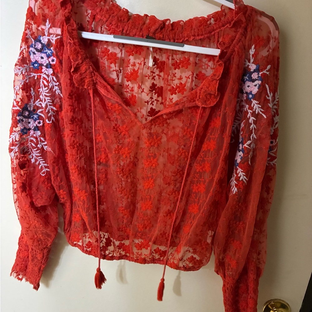 Free People Floral Lace Red Women's Top